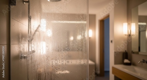 A steamy, modern bathroom with a glass shower enclosure and a vanity area with soft lighting.