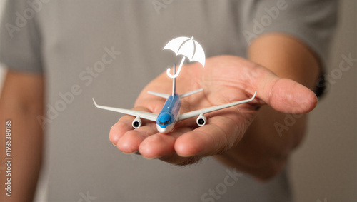A person holding a small airplane with an umbrella on their palm