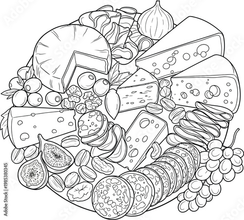 Detailed sketch of an assortment of cheeses and accompaniments