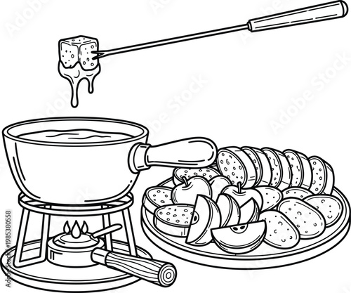 Illustration of a fondue set with melted cheese and sliced potatoes