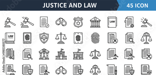 Justice and law line icon set including courthouse gavel scales legal document lawyer outline vector collection