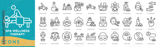 Spa Wellness Therapy Icon set. Aromatherapy Massage Oil, Relaxing Spa Treatment, Herbal Body Wrap, Hot Stone Massage, Relaxing Foot Soak, Wellness Healing Ritual, Natural Spa Products and Facial Spa 