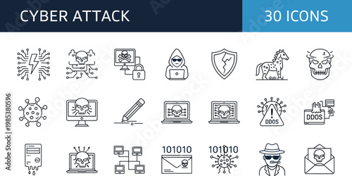 Cyber attack security line icon set including hacking malware phishing firewall protection network threat outline vector collection