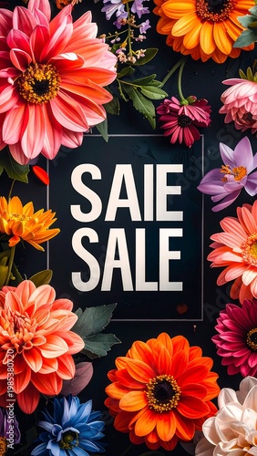 A vibrant floral arrangement surrounds a sale announcement