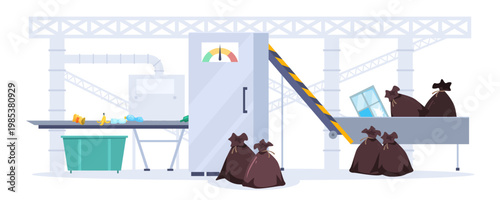 Waste sorting machine with garbage on conveyor in flat graphic style on white background for recycling concept Vector illustration