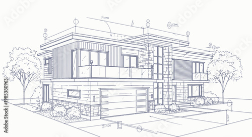 Detailed architectural blueprint illustration of a modern luxury house, showcasing contemporary design elements, structural planning, and elegant residential construction vision