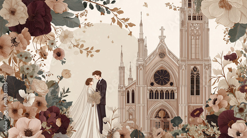 Vector illustration of the newlywed couple with the stunning graphic mountain, church and florals. Wedding invitation graphic, flat design for printing, christian wedding
