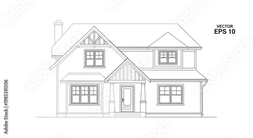 Download detailed architectural line drawing of a contemporary two-story residential house, ideal vector illustration for home design projects and property development visuals