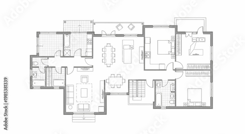 Architectural floor plan illustration of a spacious modern house with multiple bedrooms and living areas