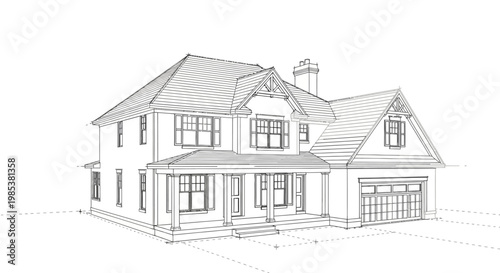 Architectural Sketch of a Modern Two-Story Family House with a Garage and Front Porch