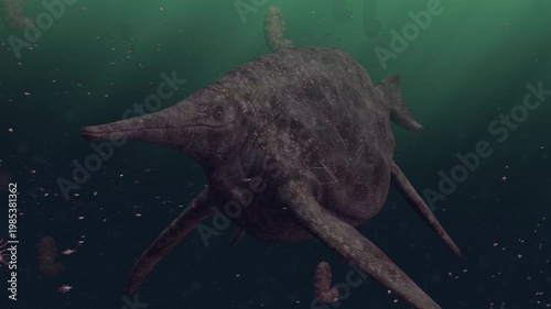 Majestic 4K 3D CGI animation capturing a lone giant Shonisaurus ichthyosaur swimming horizontally through a deep, murky prehistoric ocean with shafts of light filtering down and small marine life