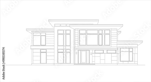 Modern Architectural House Design Blueprint with Geometric Shapes and Large Windows