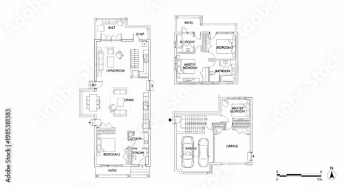Download a 2D floor plan of a spacious modern house with multiple bedrooms and a garage