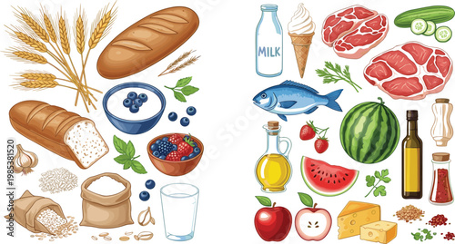Food ingredients and grocery vector set with bread, wheat, milk, meat, fish, fruits, vegetables, oil and healthy natural products illustration collection