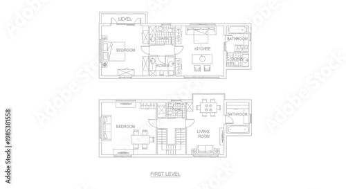 Floor plan illustration of two levels of a house with furniture layout and room divisions