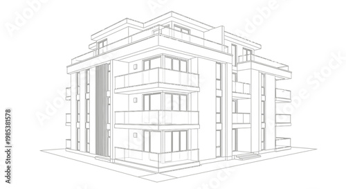 Modern architectural blueprint drawing of a multi-story residential building, available for download as a vector for design and planning visualization