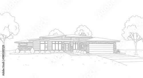 Architectural illustration of a modern single-story house with a garage and landscaping