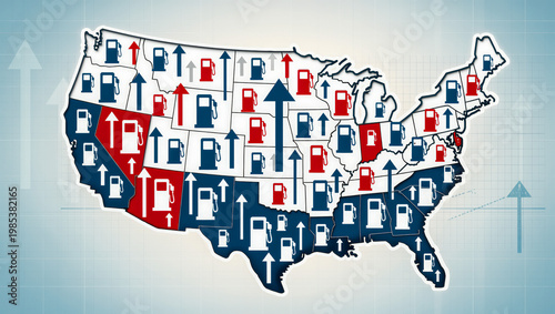 Red and blue USA map with gasoline pump price indicators
