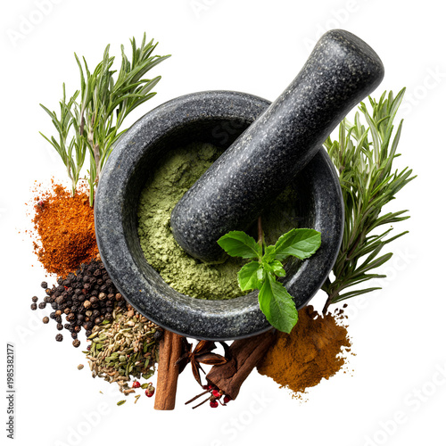 Mortar and pestle with fresh herbs and spices for natural remedy preparation