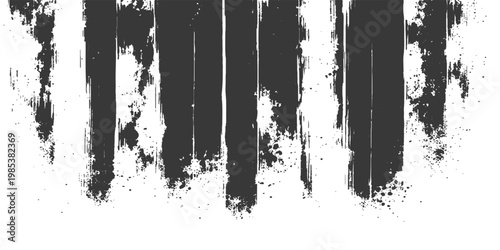 Abstract artistic composition featuring bold, textured vertical brushstrokes of charcoal gray paint against a minimalist, clean canvas. Expressing rawness.