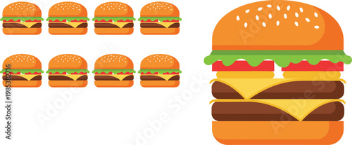 Burger vector illustration set with multiple cheeseburgers and large stacked burger design isolated fast food concept flat style collection