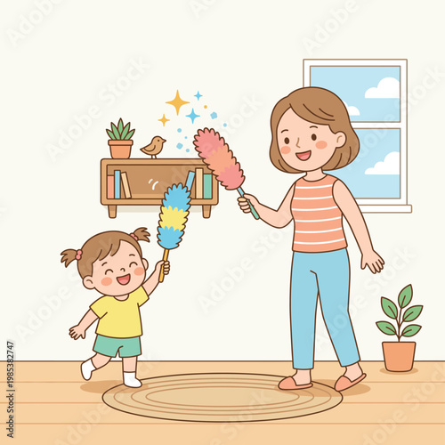 Mother and Daughter Dusting Playfully in a Sunlit Room