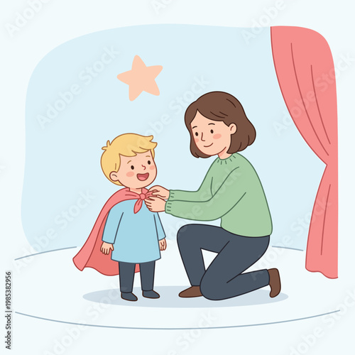 Mother Helps Son Dress as Superhero with Cape and Scarf