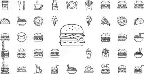 Fast food outline icon set with burgers, fries, drinks, desserts, noodles and meal symbols minimal line vector illustration collection