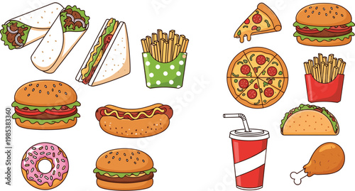 Fast food vector illustration set with burgers, fries, pizza, sandwiches, hotdogs, tacos, donuts and soda drink elements colorful collection