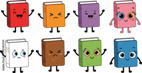 Cute book cartoon characters vector set with colorful covers, funny expressions, big eyes and playful educational kawaii illustration collection