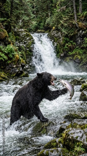 Black Bear Catches Salmon in Powerful River Flow