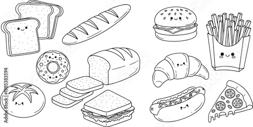 Bakery and fast food outline vector set with bread, sandwich, croissant, burger, fries, pizza and cute kawaii food illustration collection