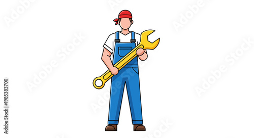 Skilled Handy Person Character Wearing Blue Overalls and Red Bandana Holding Large Yellow Wrench Ready for Repair Work and Mechanical Tasks Illustrating Proficiency and Diligence in Trade
