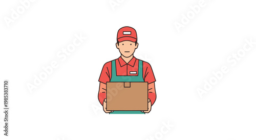 A friendly delivery person wearing a red cap and uniform carefully carries a securely packed cardboard parcel representing efficient shipping and logistics services for customer satisfaction and