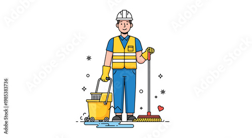 Professional cleaner wearing protective gear and holding cleaning tools like a mop and bucket ready to sanitize and maintain commercial or residential spaces with efficiency illustrating a