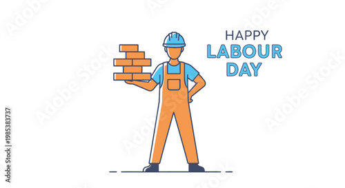 Construction worker celebrates labor day with bricks honoring workers blue helmet orange overalls skilled profession work construction day off holiday building career industry achievement
