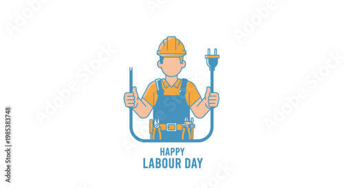 Skilled construction worker with safety helmet and tool belt holds electrical cord and plug celebrating a national holiday for hard work and dedication to trades and professions across all
