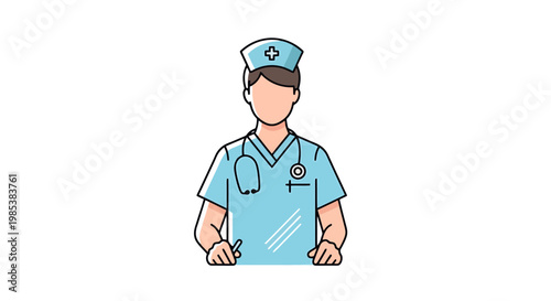Professional medical practitioner wearing scrub attire and cap with stethoscope accessory representing healthcare provider role in caring for patients conveying a sense of dedication and