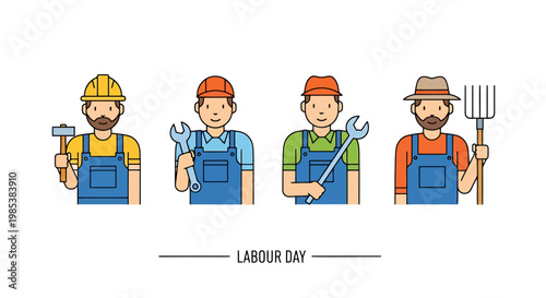 Diverse professional characters representing different industries including construction mechanics and agriculture holding tools and equipment symbolizing skill and dedication on a special