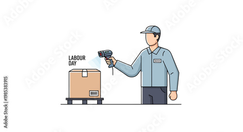 Delivery person scanning a package with a barcode reader to track shipment and organize logistics on a workday for consumer goods distribution and supply chain management services