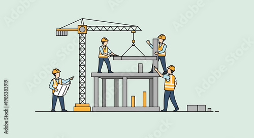 Construction workers meticulously erecting building structure with crane lifting heavy beam on industrial site skilled labor collaborating on urban development project teamwork engineering