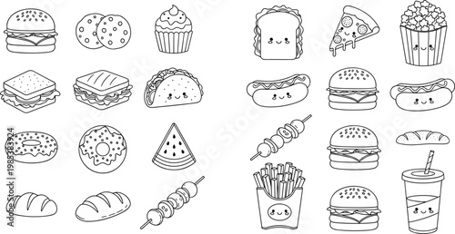 Fast food outline vector icon set with burgers, sandwiches, donuts, fries, pizza, hotdog and cute kawaii snack illustration collection