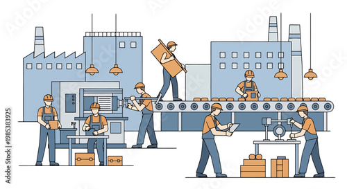 Industrial manufacturing operations depicted with workers processing materials on assembly lines and machinery in factory buildings illustrating production workflow and labor in large scale