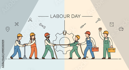 Diverse group of construction workers in hard hats and overalls collaborating to turn a large gear symbolizing teamwork and industry celebration for a holiday honoring labor and workers rights