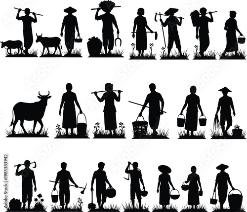 Indian village life silhouette depiction of traditional rural activities