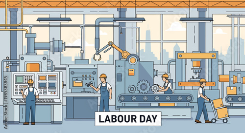 Industrial factory scene with workers operating machinery and robotic arms conveyor belts and control panels depicting manufacturing processes and labor on a special day