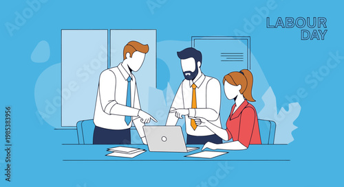 Team collaboration and discussion in an office setting with a laptop showing a business presentation highlighting a successful project development and planning for a commemorative event