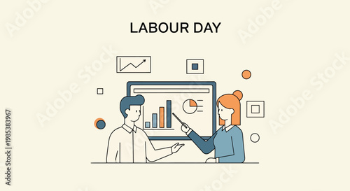 Illustration of two colleagues collaborating and presenting business data analytics on a screen with charts and graphs for Labour Day recognition and professional development themes celebrating