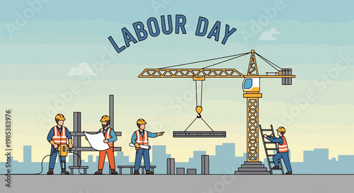 Dedicated workers in hard hats and safety vests diligently construct buildings at a large project site under a pleasant sky during a special holiday celebration recognizing work and effort and