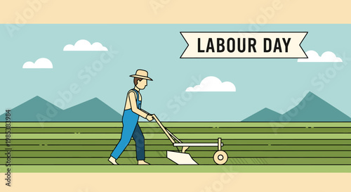 A person in overalls and hat operates a tilling machine in a green field with mountains and clouds under a sky on Labour Day honoring hard work and the agricultural industry